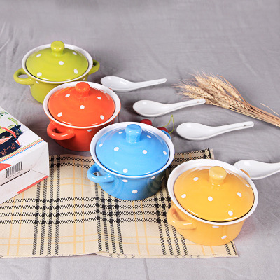 简约餐具套装5.5寸波点陶瓷碗带盖泡面碗汤碗大容量家用创意防烫