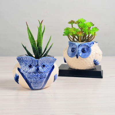 蓝彩青花鞋子 猫头鹰 大象多肉花盆 创意个性蓝彩陶瓷植物花盆