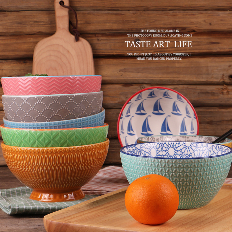 创意西式餐具陶瓷器碗手绘沙拉碗复古浮雕菜碗面碗个性家用早餐碗