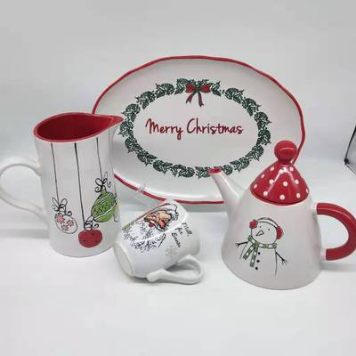外贸尾单圣诞系列纯色反应釉手绘陶瓷餐盘沙拉碗杯子库存批发
