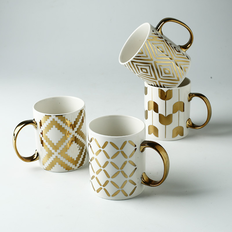 醴陵陶瓷直身杯工厂镀金新骨瓷杯 印花陶瓷咖啡马克杯 11OZ杯