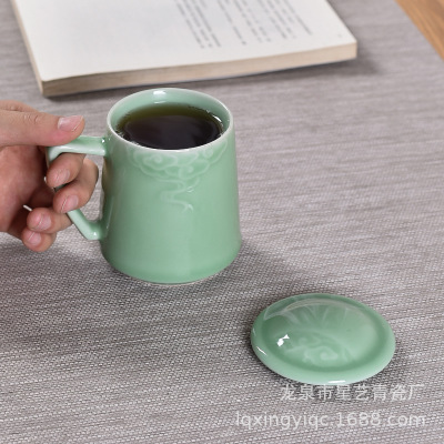 龙泉青瓷泡茶杯子 简约创意陶瓷马克杯带盖 礼品定制水茶杯随手杯