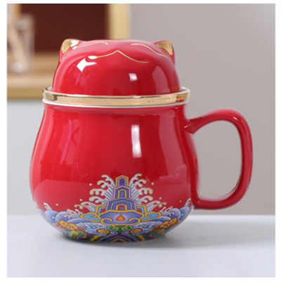 国潮风便携式陶瓷办公杯带盖过滤礼品马克杯茶水分离泡茶杯子定制