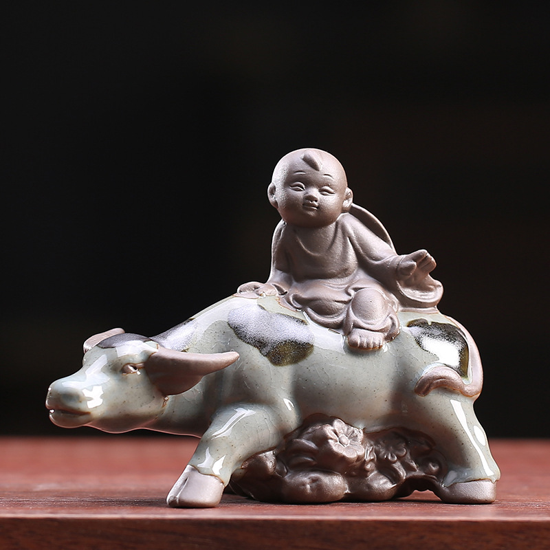 创意陶瓷牧童骑牛童子摆件紫砂茶宠鱼缸盆景造景微景观装饰品田园