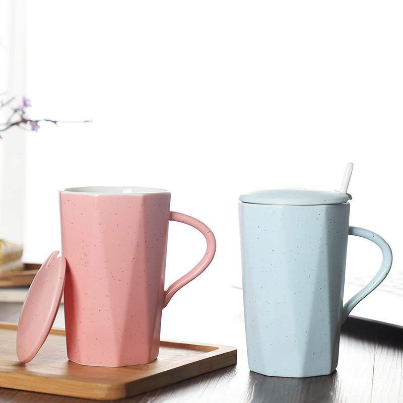 色釉菱形陶瓷马克杯 创意陶瓷杯定制广告水杯 情侣咖啡杯瓷杯带盖