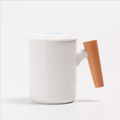 定制带盖勺logo早餐杯木柄马克杯咖啡杯办公杯创意礼品陶瓷茶杯