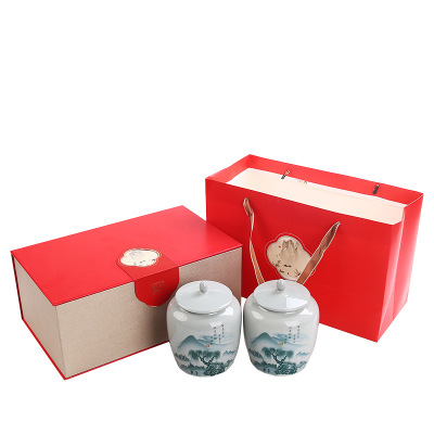 年会伴手礼中式商务礼品陶瓷密封茶叶罐礼盒装茶具套装茶叶包装盒
