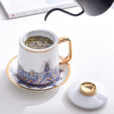 景德镇珐琅彩银杯子999纯银陶瓷水杯 鎏银个人办公室茶杯带盖过滤