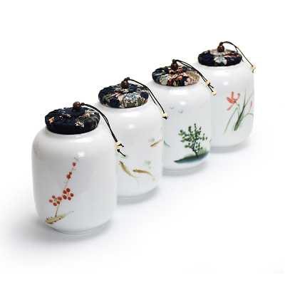 手绘白瓷茶叶罐密封罐陶瓷茶罐250g普洱干货储存茶叶礼盒定制logo