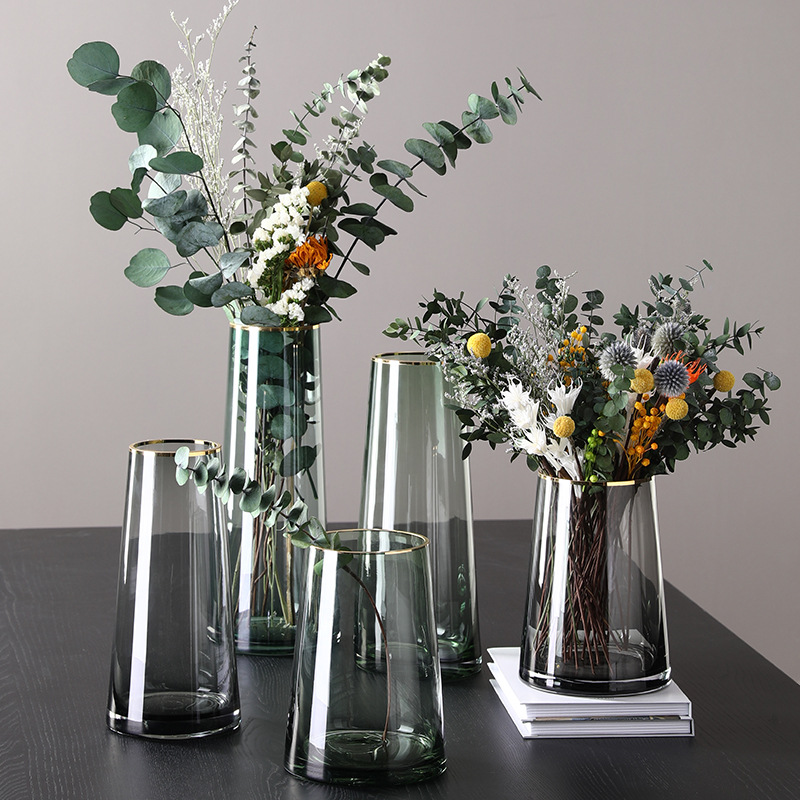 欧式创意描金边透明玻璃花瓶摆件现代简约客厅家居装饰水培插花器