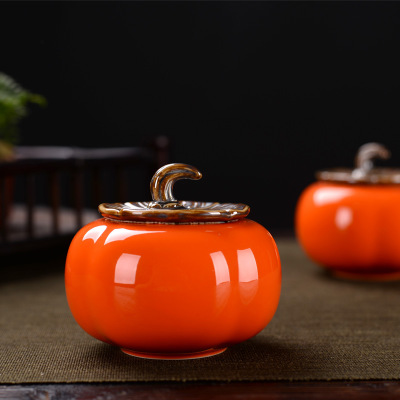大小号迷你柿子茶罐柿柿如意陶瓷茶叶罐创意茶宠摆件密封罐子中秋