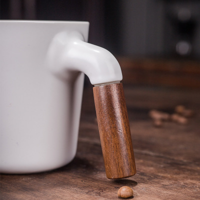 创意简约木柄陶瓷马克杯大容量咖啡杯办公室水杯子带盖水杯定制