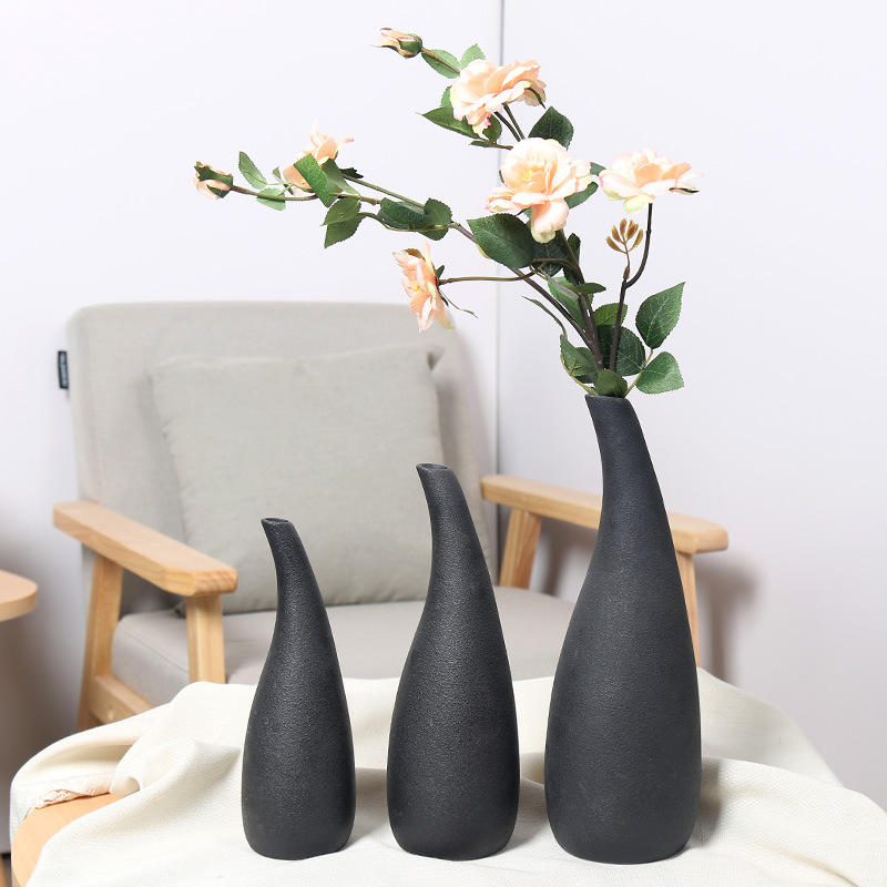 简约陶瓷花瓶北欧黑色花瓶大中小套组陶瓷中式工艺品家居摆件