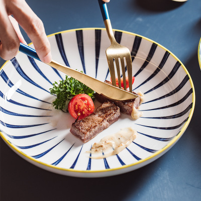 【星玲特卖】日式手绘釉下彩餐具 北欧风餐具8.5寸深盘菜盘陶瓷盘