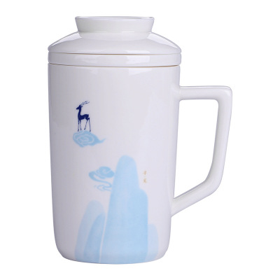 豪峰创意德化白瓷马克杯办公杯中式陶瓷泡茶杯个人杯茶水分离带盖